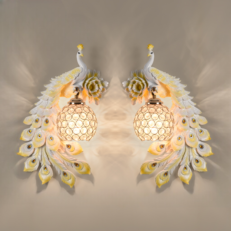 Modern White Peacock Wall Sconce Set – Resin and Crystal Accent Wall Lights for Bedroom, Living Room, and Hallway Décor