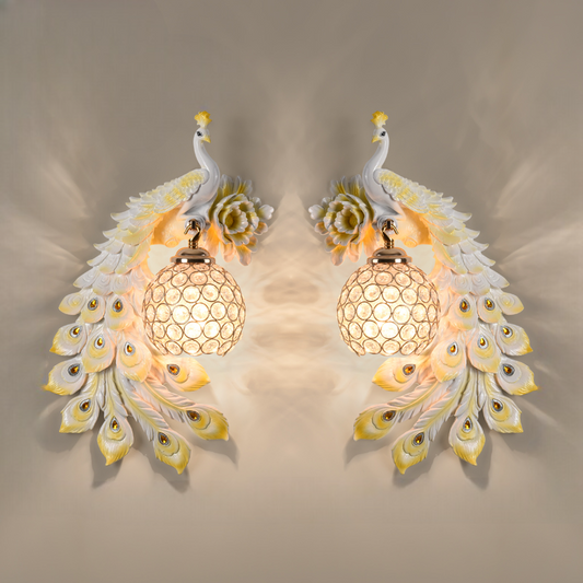 Modern White Peacock Wall Sconce Set – Resin and Crystal Accent Wall Lights for Bedroom, Living Room, and Hallway Décor