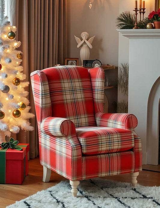 High-Back Tiger Armchair – Red Plaid Retro Single Sofa for Living Room, Study, Bedroom, or Balcony, Country Style Wing Chair