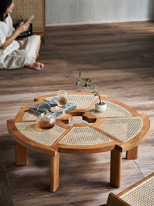 Vintage Cherry Wood Polygon Rattan Tea Table, Style Round Low Table for Small Living Rooms