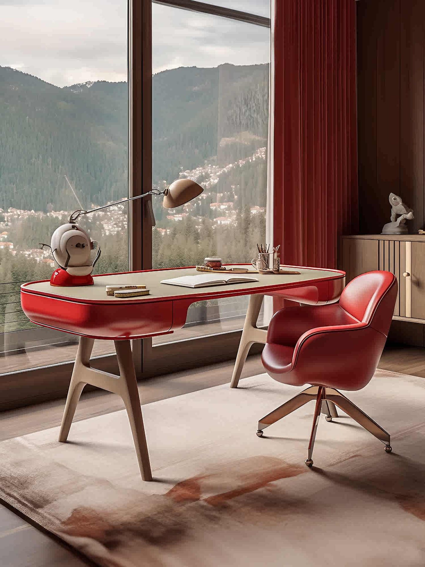Original Artistic Desk and Chair Set, Contemporary Design Aesthetic Furniture, Modern White Elm Office Study Table International Pavilion