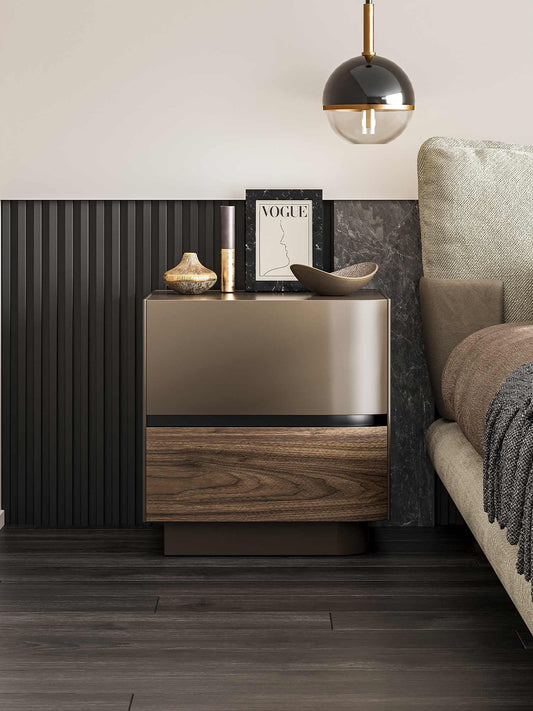 Kawadano Italian Modern Walnut Veneer Nightstand, Luxury Lacquered Bedside Table with Storage