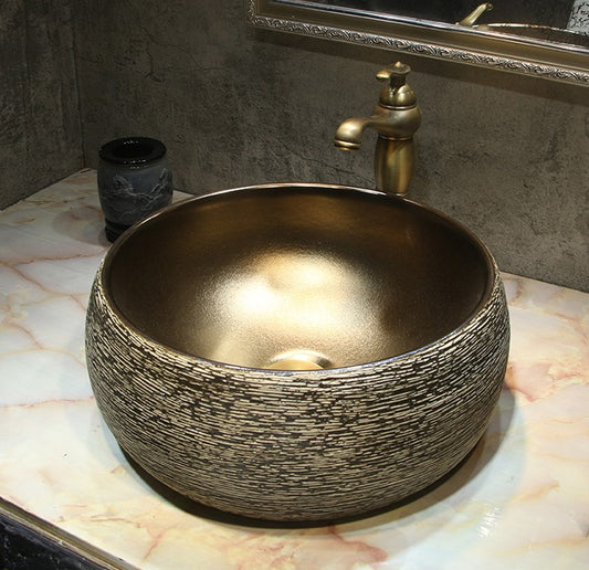 Luxury Gold Round Ceramic Wash Basin – Modern Art Vessel Sink for Bathroom, Hotel, Home Countertop