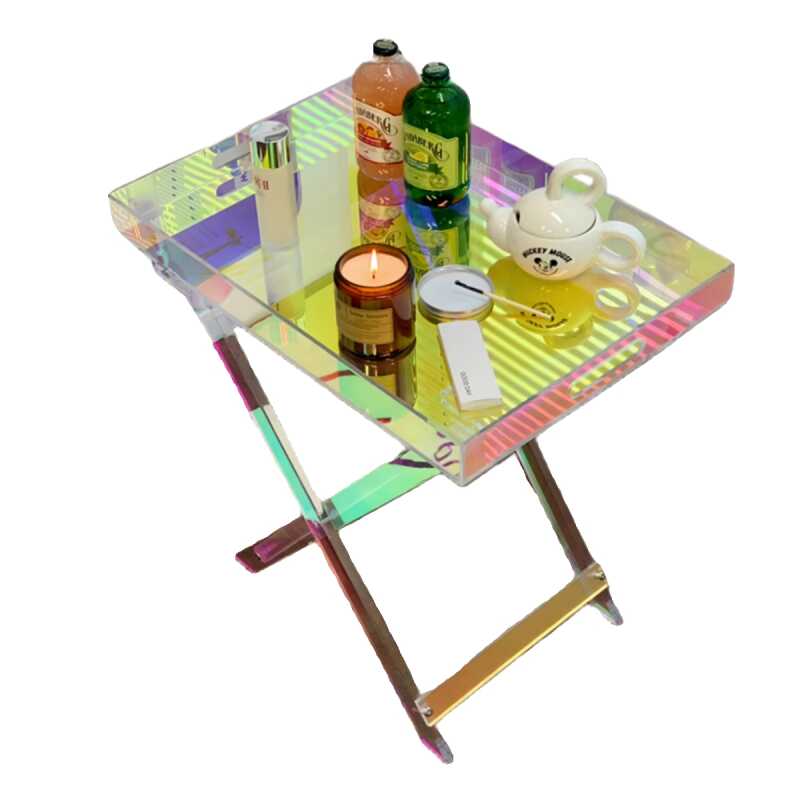 Iridescent Acrylic Folding Tray Table – Modern Multifunctional Bedside Coffee Side Table, Space-Saving Compact Art Deco End Table for Bedroom Living Room, Portable Storage Shelf