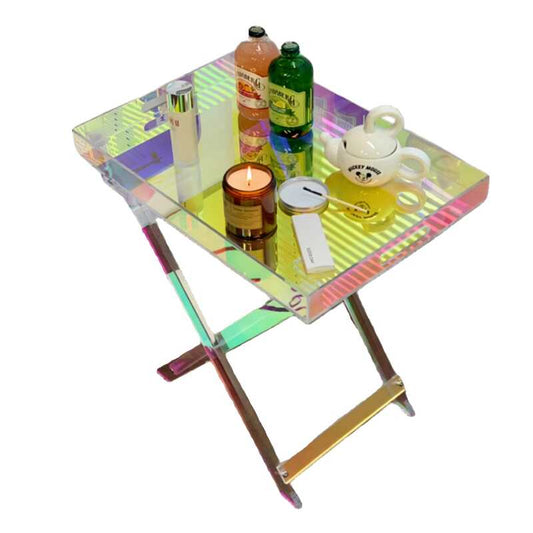 Iridescent Acrylic Folding Tray Table – Modern Multifunctional Bedside Coffee Side Table, Space-Saving Compact Art Deco End Table for Bedroom Living Room, Portable Storage Shelf
