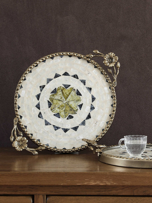 Vintage Flower Serving Tray, Luxury Decorative Tea Plate with Brass Handles for Table, Vanity & Jewelry Storage