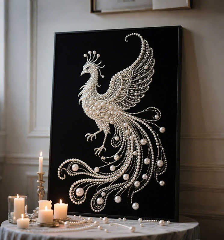 Luxury Pearl Phoenix Wall Art – Modern Minimalist Living Room, Bedroom, French Corridor Decorative Painting, Handmade Matte Micro-Spray with Black Aluminum Frame