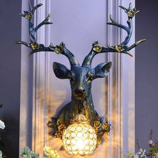 Vintage Lucky Deer Wall Lamp, Retro Blue Resin Stag Head Wall Sconce, Creative Branch Antler Decor Lighting for Living Room, TV Wall, Entryway, Restaurant (Plum Blossom Deer, Globe Shade, Wired)