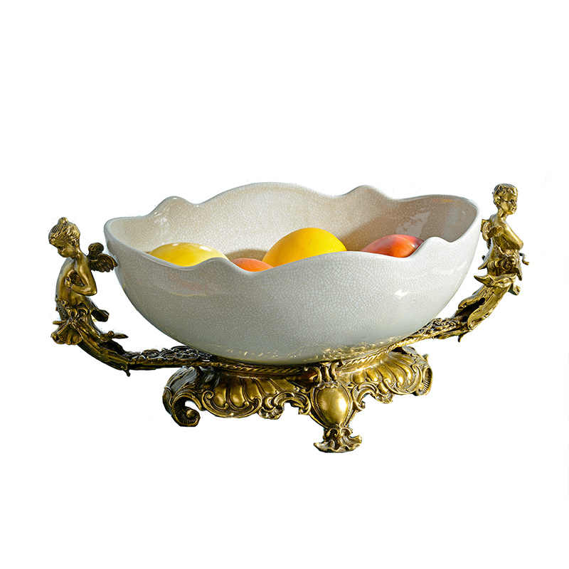 Luxury Porcelain and Brass Cherub Fruit Bowl, Creative Decorative White Ceramic Centerpiece for Living Room, Coffee Table, and Home Decor