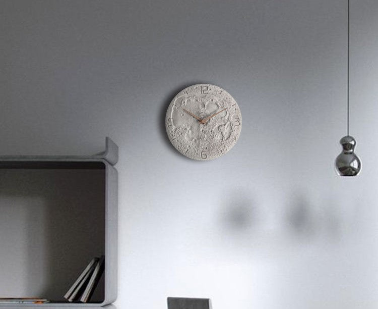 Moon Surface Wall Clock, Minimalist Luminous Cement Art Clock for Living Room & Dining