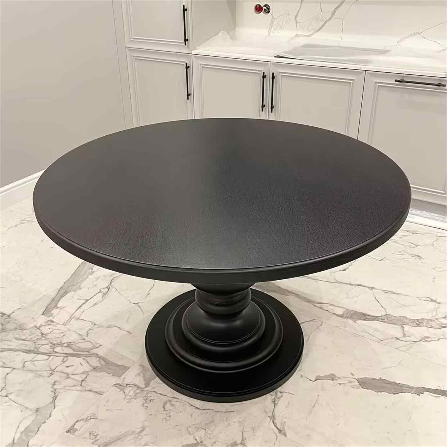 Solid Wood Round Dining Table, Designer Vintage Black Pedestal Table, Small Luxury Apartment or Living Room