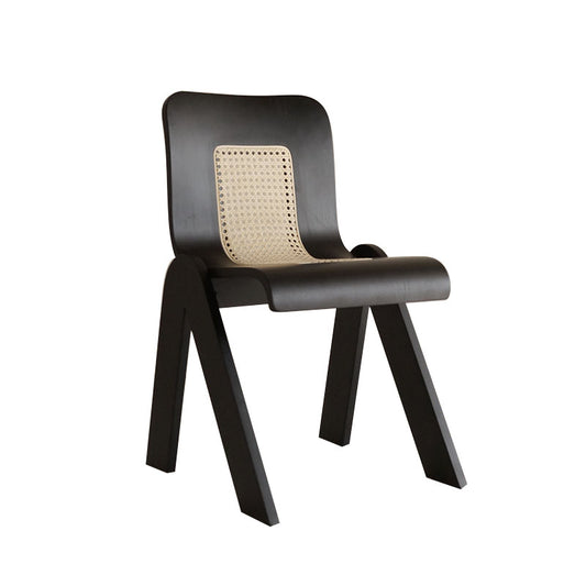 Vintage Curved Back Solid Wood Dining Chair with Rattan Woven Seat, Mid-Century Accent Chair for Home Study and Living Room