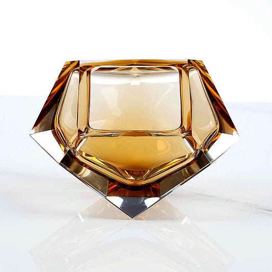 Diamond-Cut Amber Crystal Glass Ashtray, Luxury Faceted Geometric Anti-Ash Design for Home Office, Premium Desktop Accent Piece