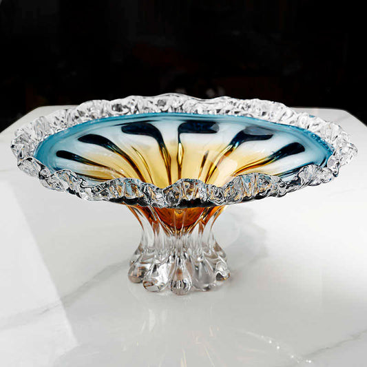 Luxury Art Glass Flower Fruit Bowl, Blue-Orange Gradient Pedestal Serving Dish with Sunburst Design & Ruffled Edges, Handcrafted Centerpiece