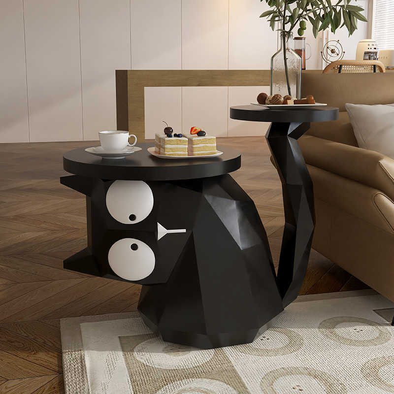 Cat-Shaped Side Table with Two-Tier Design, Whimsical Black Animal Silhouette End Table with Storage Shelf, Creative Living Room Furniture Accent