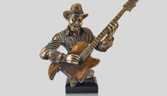 Bronze Guitarist Sculpture – Cold Cast Antique Bronze Resin Musician Figurine, Music Band Art for KTV Bar & Studio Decor