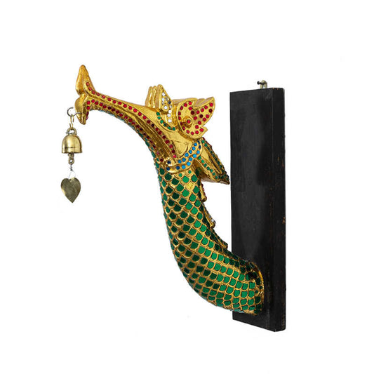 Thai Dragon Naga Wall Sculpture Set with Hanging Bells, Authentic Southeast Asian Temple Art for Spa & Hotel Decor,