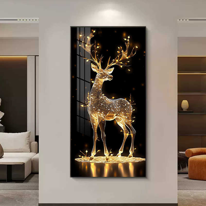 Luxury Golden Deer LED Wall Art for Entryway or Corridor, Modern Black and Gold Classic Painting with Remote and Power Bank, Large Mirror Finish