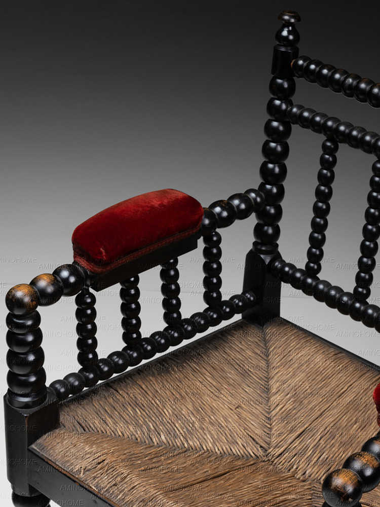 French Vintage Ebonized Bobbin Armchair with Rush Seat, Louis XVI Style Turned Spindle Chair with Red Velvet Cushions