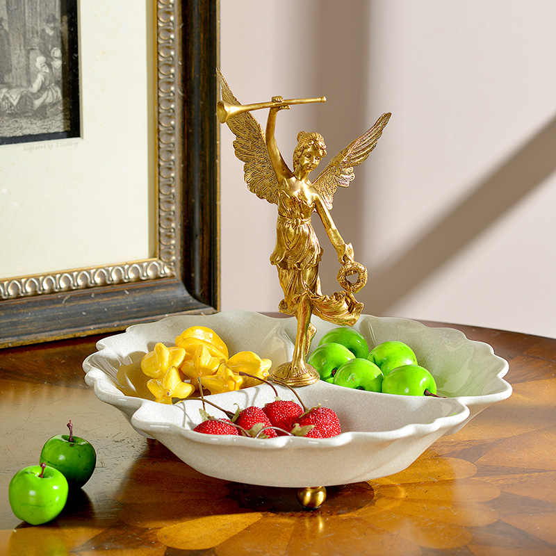 Porcelain and Brass Angel Fruit Bowl – Decorative Red Floral Centerpiece Dish for Living Room, Coffee Table, Dining Room, and Gift Décor