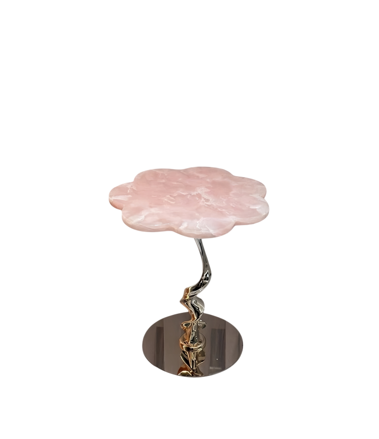 Pink Marble Flower Side Table, Petal Shaped Accent Table with Glossy Stainless Steel Base, Natural Stone End Table for Living Room, Bedroom, Sofa Side, Lounge Decor