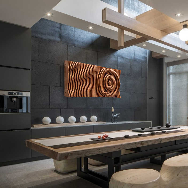 Modern Wave Wood Wall Sculpture, Abstract Carved Panel Art for Hotel, Office, Tea Room Decor