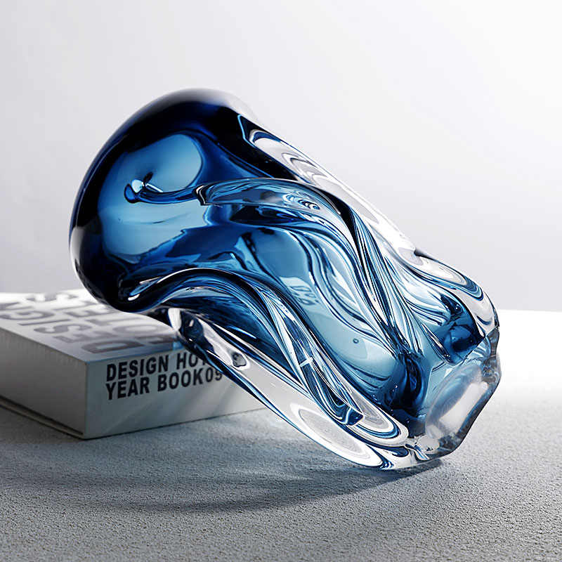 Luxury Blue Art Glass Vase, Modern Minimalist Home Decor, Sculptural Desktop Flower Vessel for Living Room & Entryway