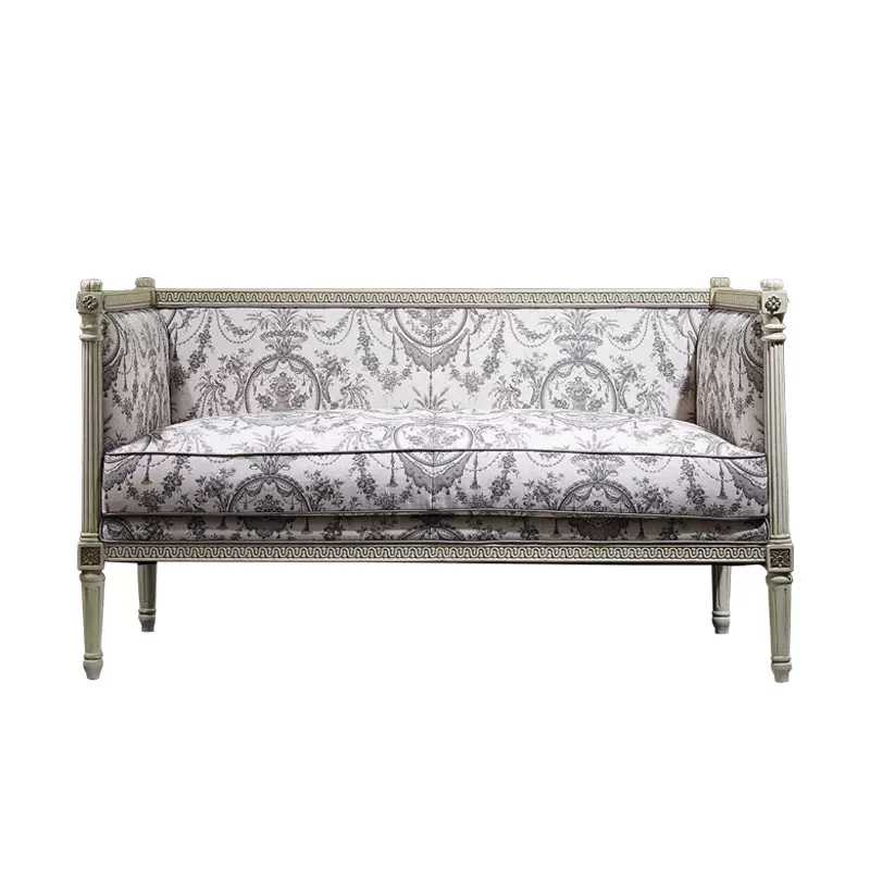 French Louis XVI Style Settee with Classical Toile Upholstery, Distressed Wood Frame Two-Seater Sofa with Carved Details, European Formal Living Room Furniture,