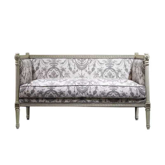 French Louis XVI Style Settee with Classical Toile Upholstery, Distressed Wood Frame Two-Seater Sofa with Carved Details, European Formal Living Room Furniture,