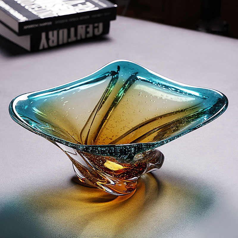 Luxury Modern Gradient Glass Square Fruit Bowl, Contemporary Teal to Amber Crystal Serving Dish for Living Room, Creative Home Décor Snack Plate