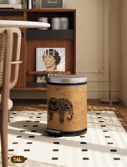 Premium Stainless Steel Vintage Pedal Trash Can, 14L Luxury Waste Bin with Elephant Design, Heavy Duty Step Bin with Soft-Close Lid