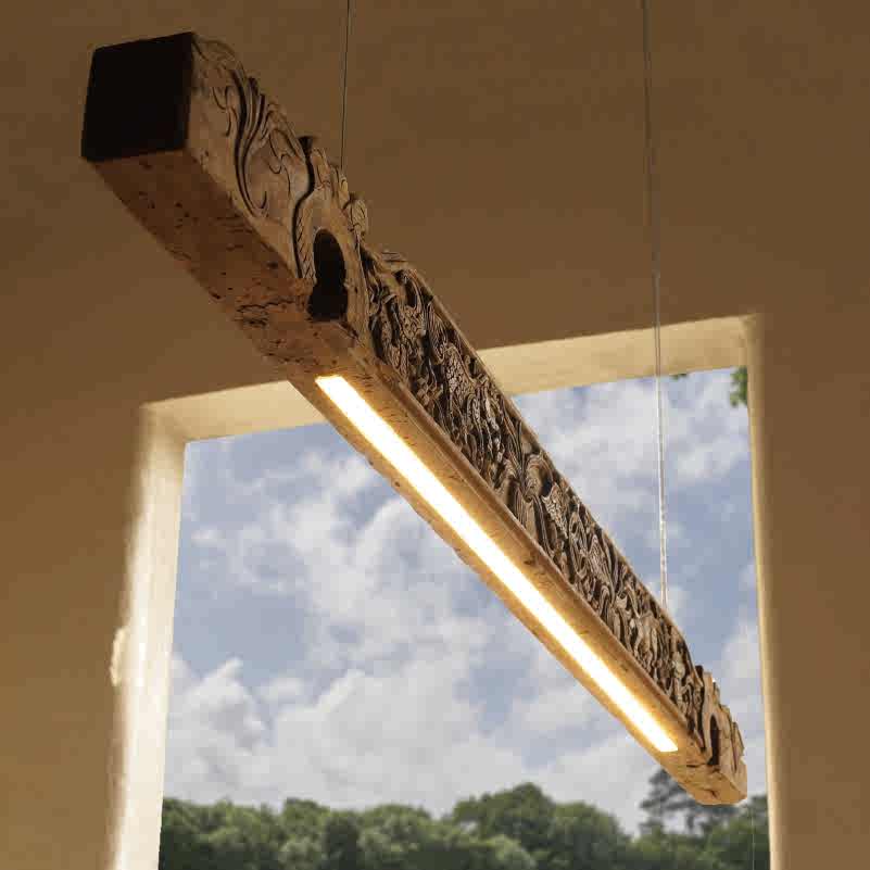 Antique Carved Wood LED Pendant Light, Creative Upcycled Beam Lamp for Study & Boutique, Handcrafted Statement Lighting