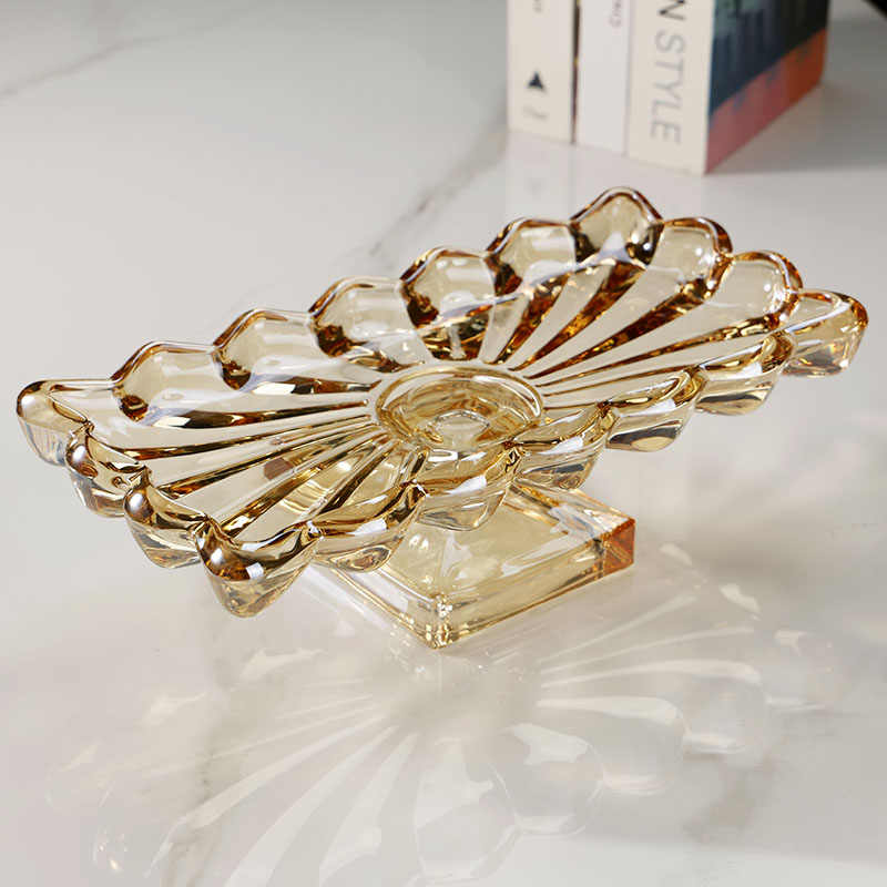 Luxury Amber Crystal Glass Pedestal Serving Tray, Flower Petal Design Rectangular Dessert Platter for Cakes & Pastries, Elegant High-Foot Display Stand