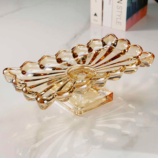 Luxury Amber Crystal Glass Pedestal Serving Tray, Flower Petal Design Rectangular Dessert Platter for Cakes & Pastries, Elegant High-Foot Display Stand