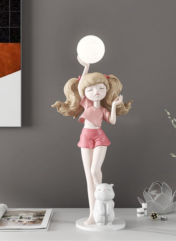 Modern Girl Figurine Table Lamp – Creative Home Decor Sculpture with Cat, Bedroom Living Room TV Cabinet Bedside Night Light
