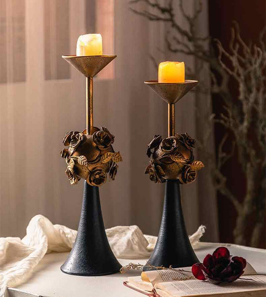 Vintage Rose Iron Candle Holder Set, Hand-Forged Floral Candle Stands for Romantic Dinner, Living Room, or Centerpiece Decor