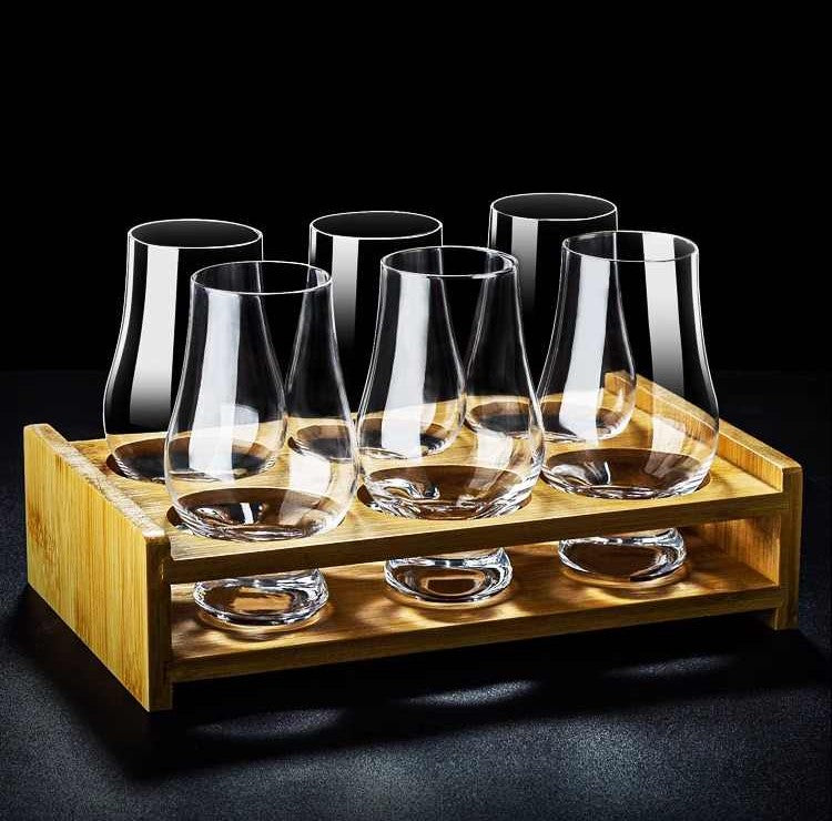 Crystal Tulip Whiskey Snifter Glass 200ml – Professional Tasting Glass for Cognac, Brandy, Whisky, Spirits, 6-Pack with Solid Wood Rack