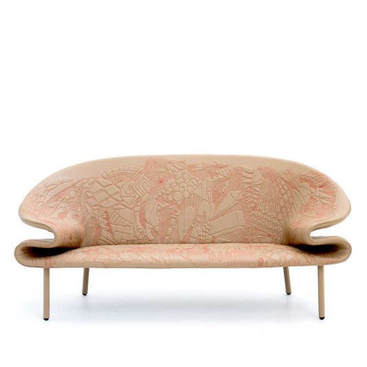 Designer Graffiti Art Sofa, Mustard Yellow Fiberglass 2-Seater Couch, Modern Boutique Hotel & Living Room Statement