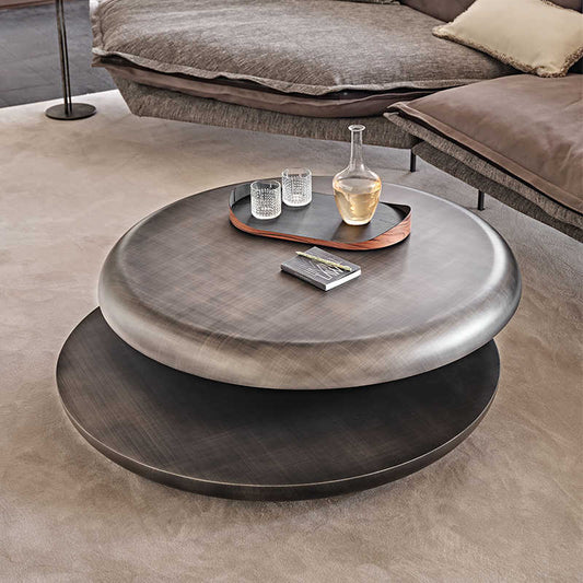 Italian Luxury Double-Layer Rotating Coffee Table, Stainless Steel Round Table with Swivel Design, Modern Minimalist Living Room Furniture in Bronze Finish