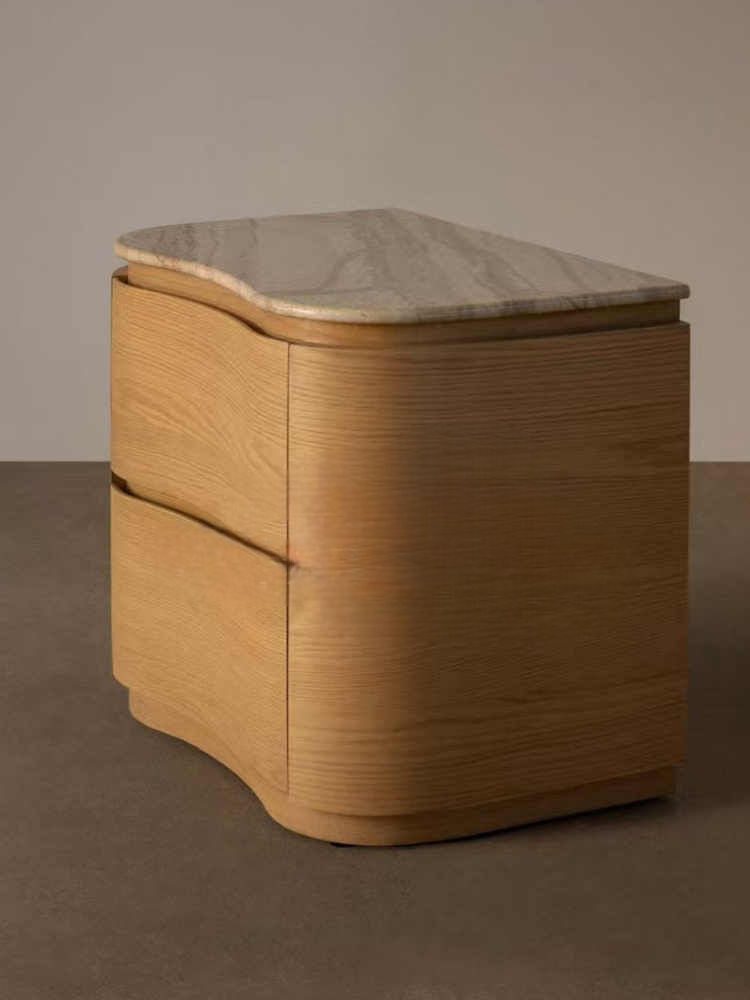 Solid Ash Wood & Marble Nightstand – Designer Curved Bedside Storage Cabinet, Ready Assembled