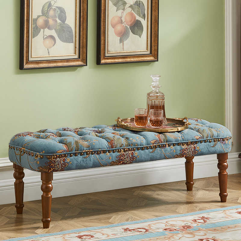 American Tufted Floral Bench with Turned Wood Legs, European Style Upholstered Ottoman for Bedroom & Entryway