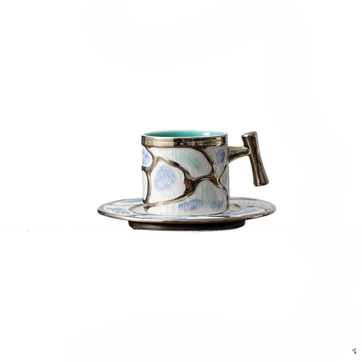 Modern Metallic Ceramic Coffee Cup and Saucer Set with Wood-Look Handle, 11 oz Espresso Latte Mug for Cappuccino, Tea, Hot Chocolate and Everyday Use