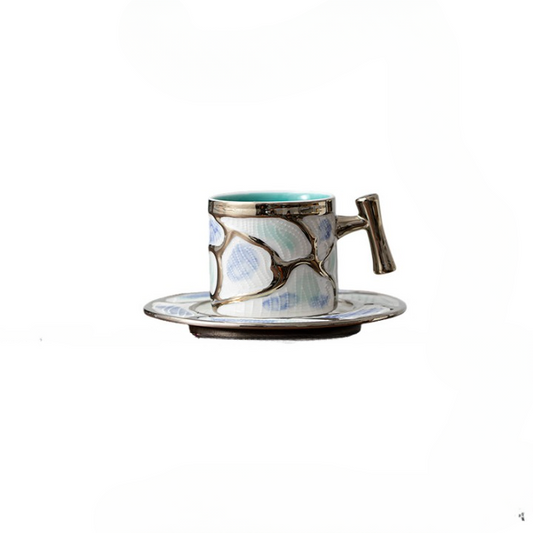 Modern Metallic Ceramic Coffee Cup and Saucer Set with Wood-Look Handle, 11 oz Espresso Latte Mug for Cappuccino, Tea, Hot Chocolate and Everyday Use