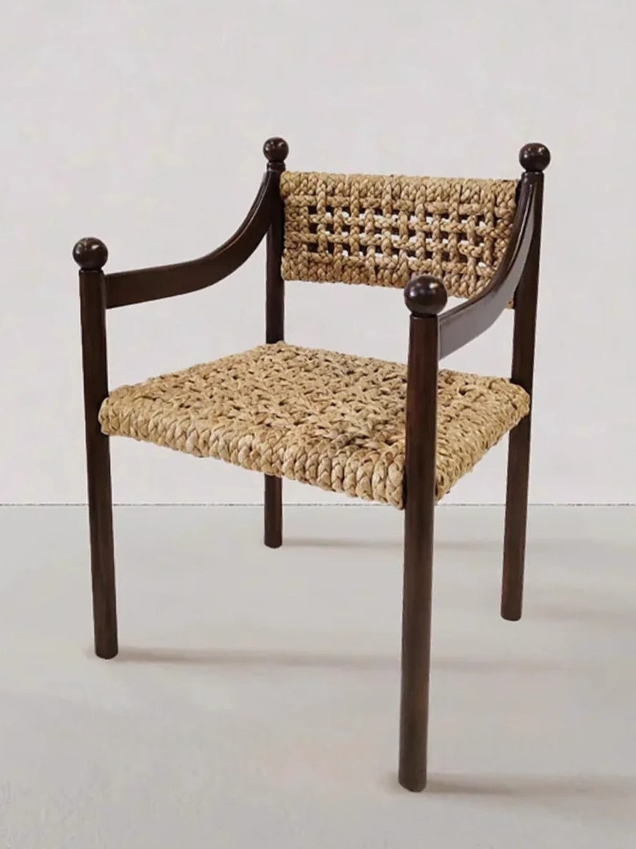Vintage Solid Wood Rattan Dining Armchair, Black Frame Mid-Century Weaving Seat for Home and Bistros