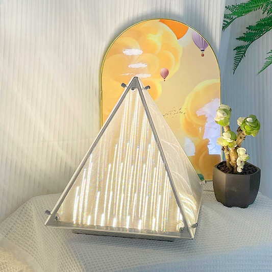Modern Designer Geometric Table Lamp, Minimalist Stainless Steel & Glass Pyramid Ambient Light, Luxury Accent for Bedroom, Living Room, Office, Hotel, Study
