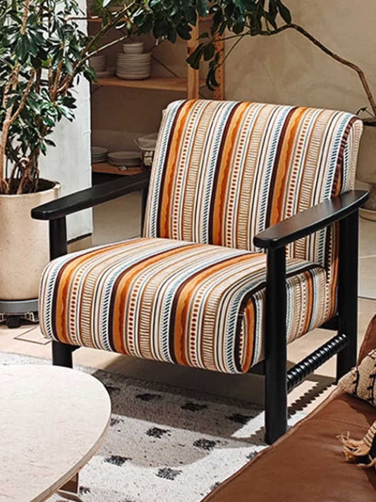 Vintage Solid Wood Armchair – Retro Striped Single Lounge Chair for Living Room, Balcony, Studio, or Hotel