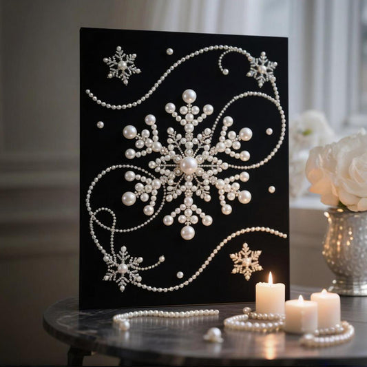 Modern Pearl Snowflake Decorative Art, Minimalist Matte 3D Wall Frame, Custom Handmade with Brushed Black Aluminum