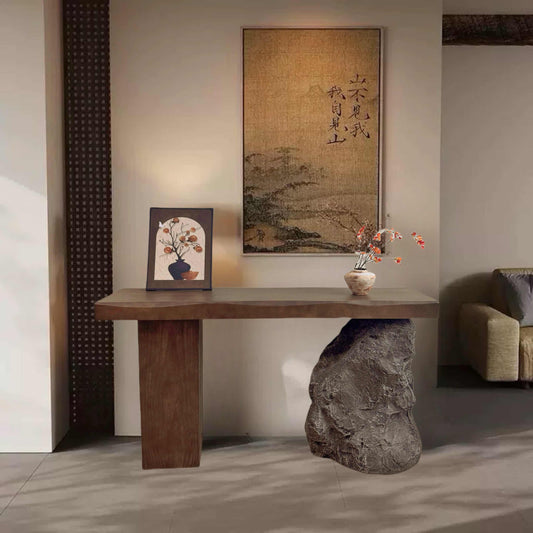 Modern Wabi-Sabi Console Table with Natural Stone Base – Japanese Minimalist Entryway Table, Solid Wood & Stone Combination Furniture