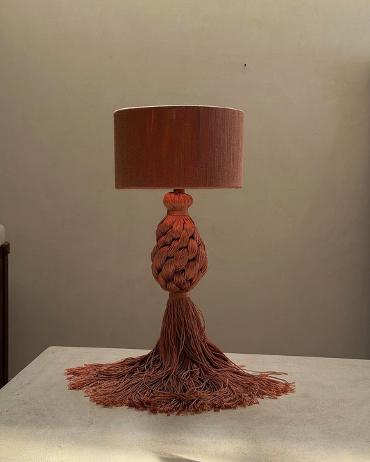 Vintage Country Cotton Table Lamp, Boho Braided Fiber Art Decor Lighting for Living Room/Study, Handcrafted Minimalist Retro Statement Lamp