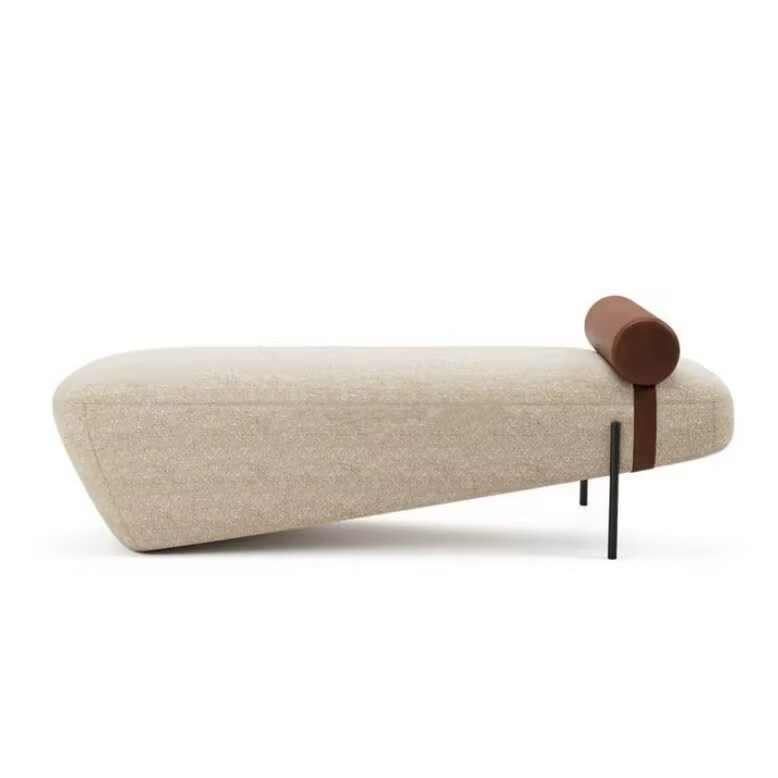 Nordic Minimalist Solid Wood Upholstered Bench, Wabi-Sabi Style Long Ottoman with Boucle Fabric and Leather Bolster, Modern Entryway Shoe Bench